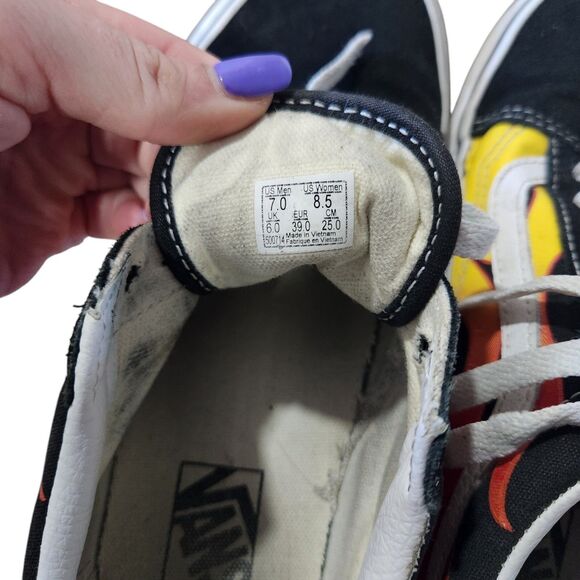 Vans Old Skool Mens Sz 7 Black Red Yellow Flame Skater Shoe High Top Maximalist - Picture 5 of 6